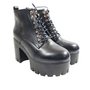 Womens Size 8.5 Black Platform Lace-Up Ankle Boots With Chunky Lug Sole & Heel